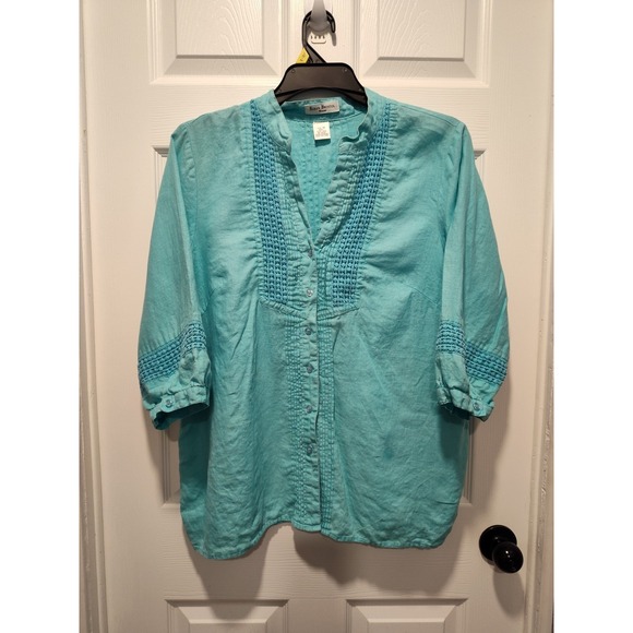 Susan Bristol Tops - Susan Bristol 100% Linen Aqua 3/4 Sleeve Button Neck Shirt Sz‎ 1X Cool Light